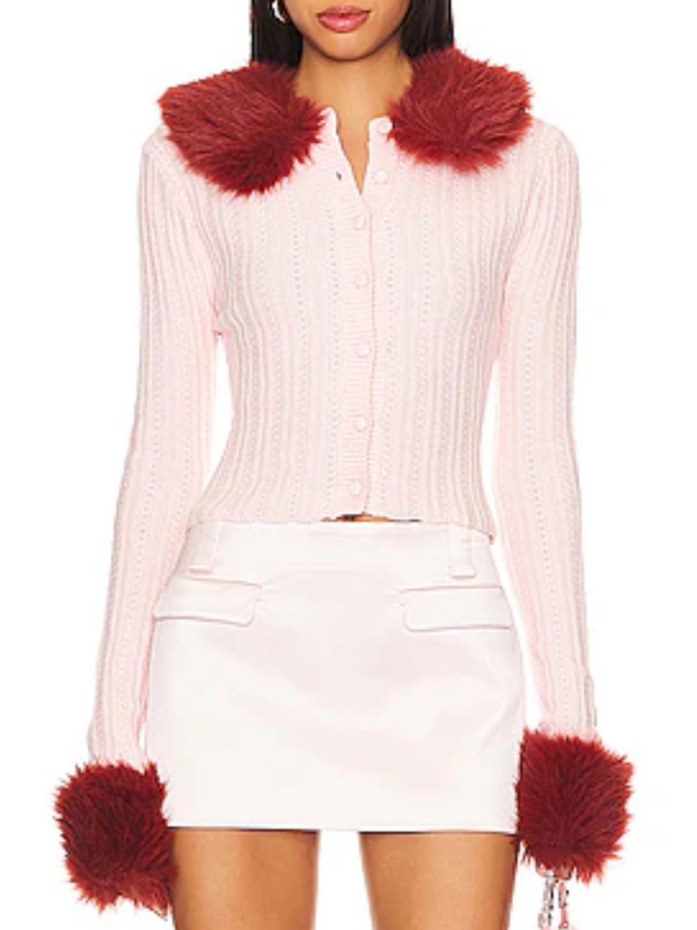 Danielle Guizio Blush Pink Ribbed Cardigan with Rust Fur Collar and Cuffs